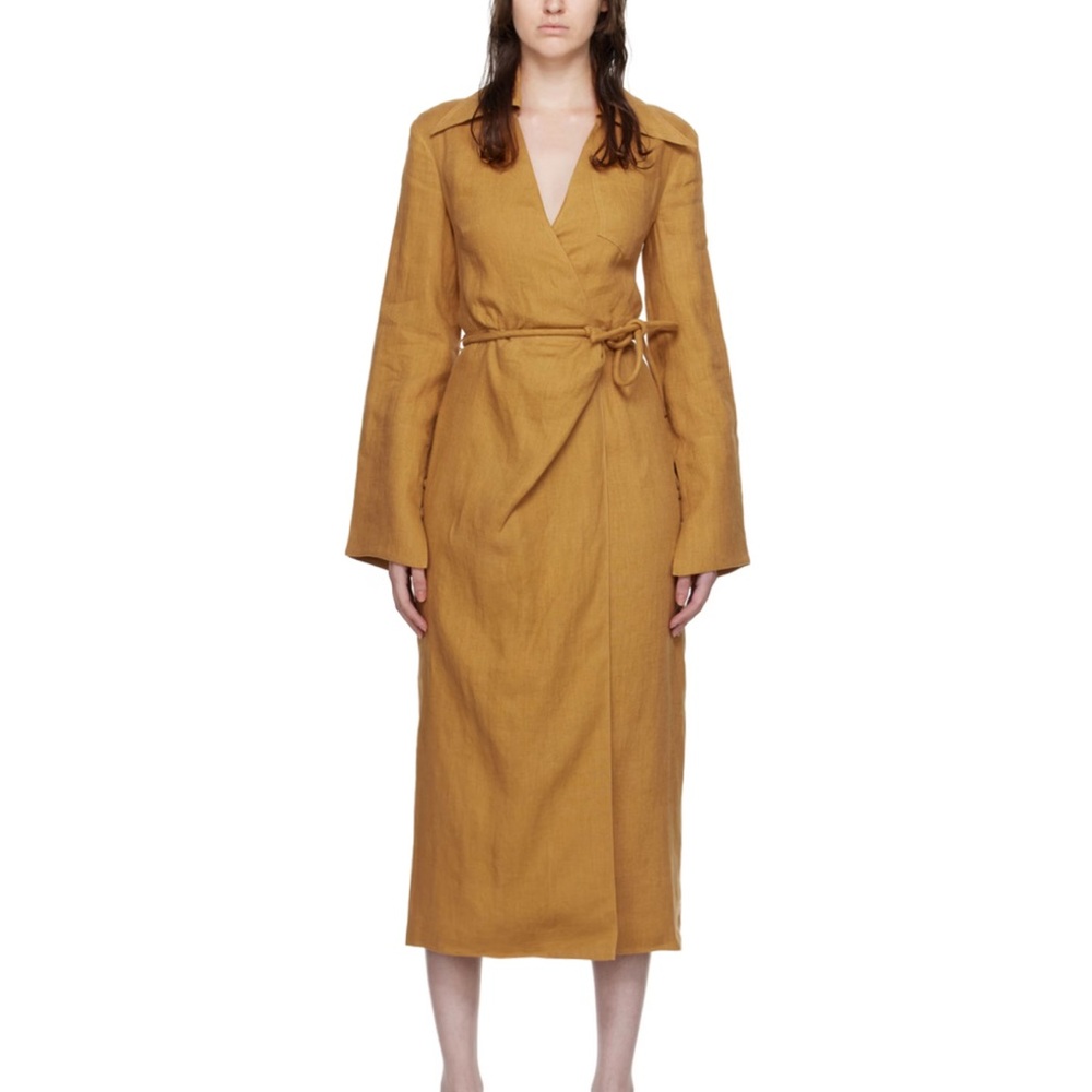 Nanushka Tan Farah Mustard Long Sleeve Wrap midi Dress NWT Small